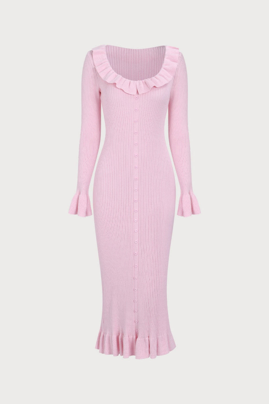 U-Neck Knit Ruffle Midi
