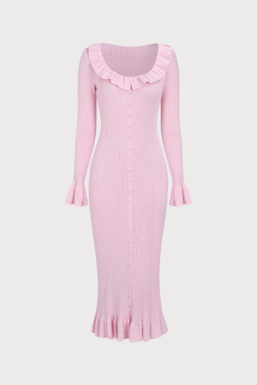 U-Neck Knit Ruffle Midi