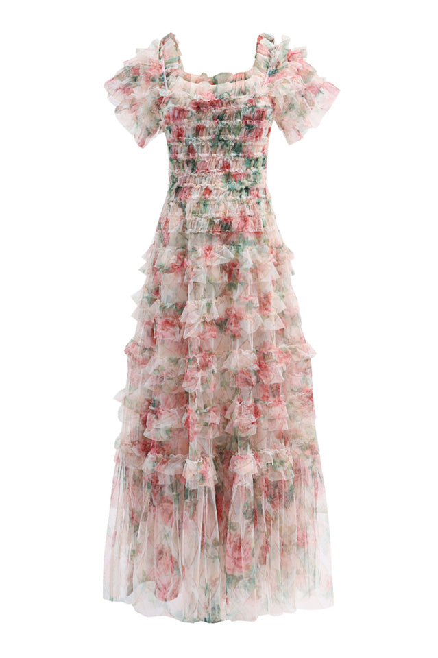 Square Neck Ruched Floral Maxi