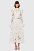 High Collar Lace Ruffle Midi