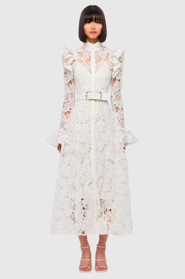 High Collar Lace Ruffle Midi