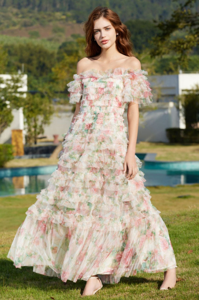 Square Neck Ruched Floral Maxi