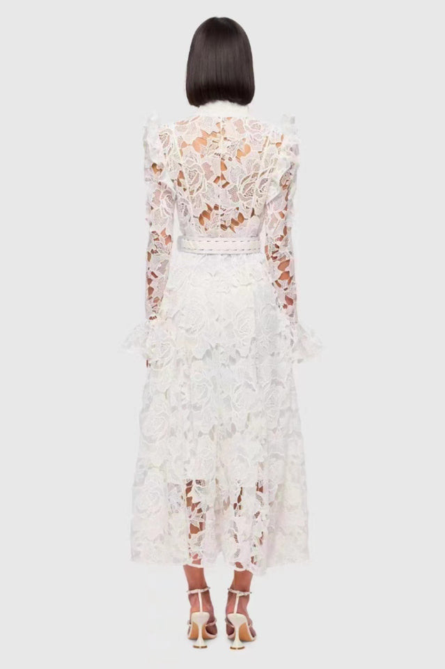 High Collar Lace Ruffle Midi