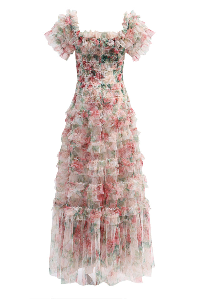 Square Neck Ruched Floral Maxi