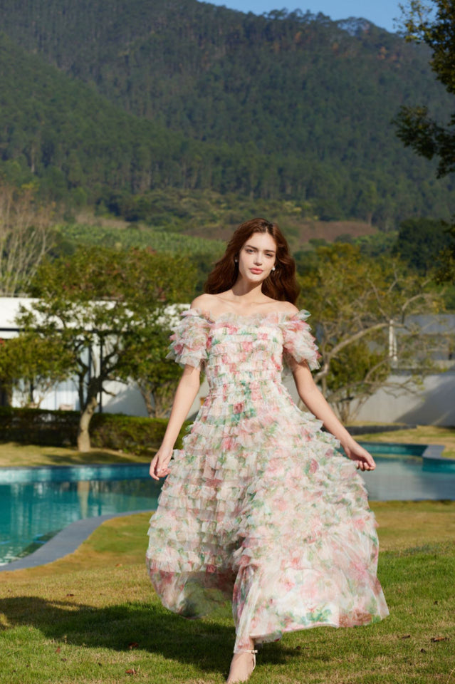Square Neck Ruched Floral Maxi