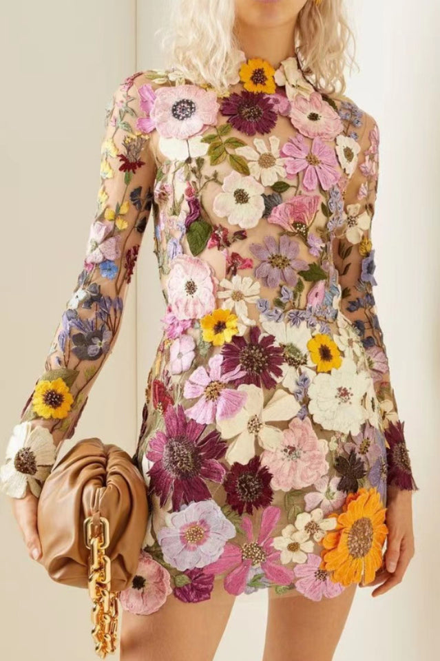 Elegant Floral Collar Tulle Dress
