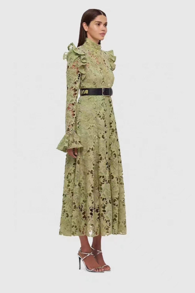 High Collar Lace Ruffle Midi