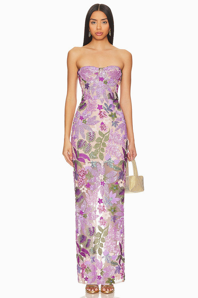 Strapless Floral Sequin Maxi