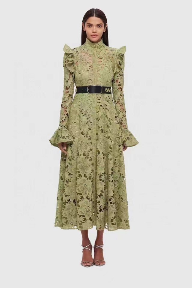 High Collar Lace Ruffle Midi