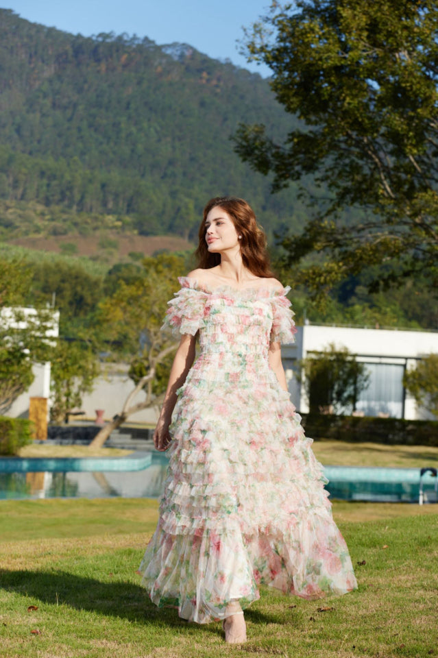 Square Neck Ruched Floral Maxi