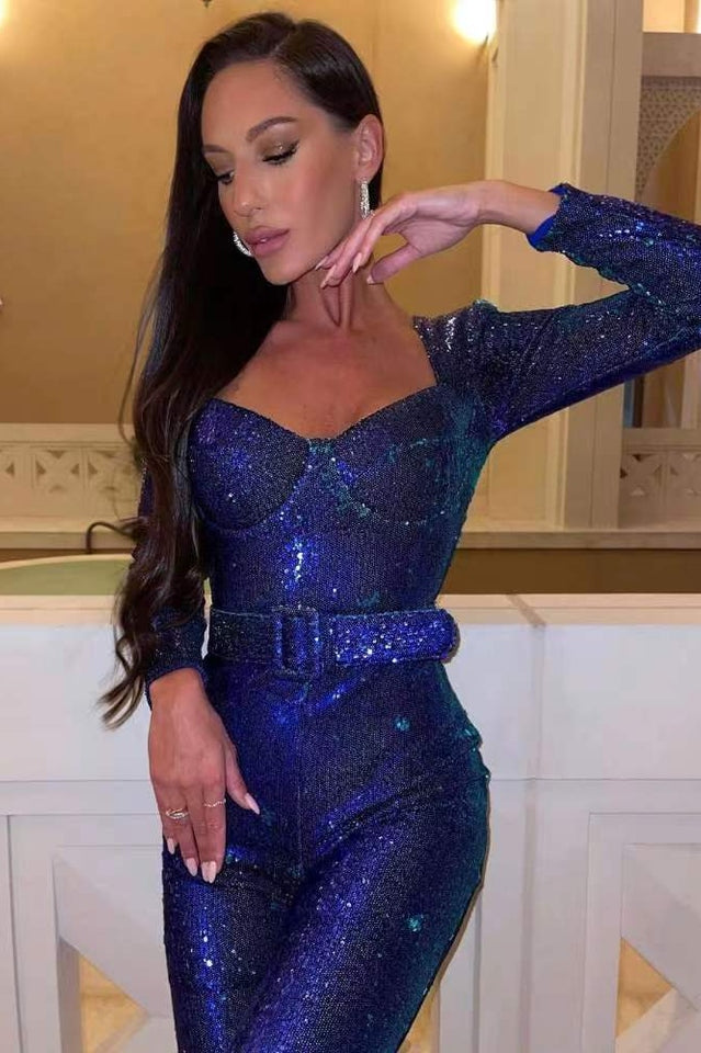 Metal Boned Sequin Embellished Jumpsuit