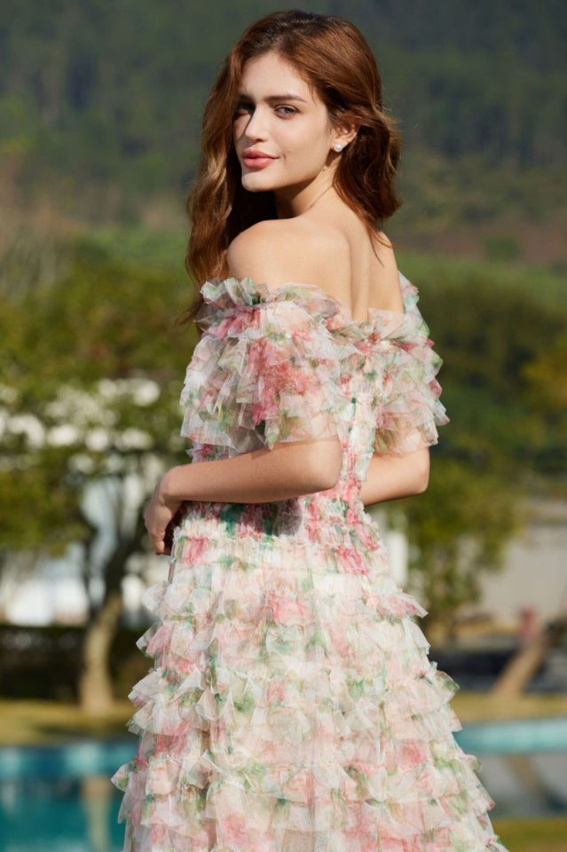 Square Neck Ruched Floral Maxi