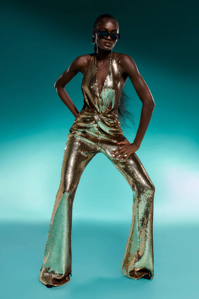 Halterneck Sequin Draped Gold Jumpsuit