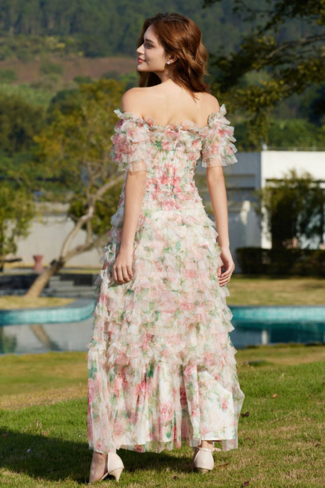 Square Neck Ruched Floral Maxi