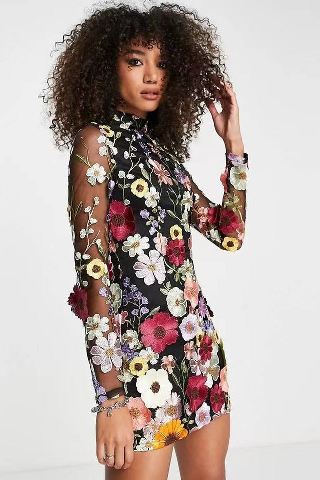Elegant Floral Collar Tulle Dress