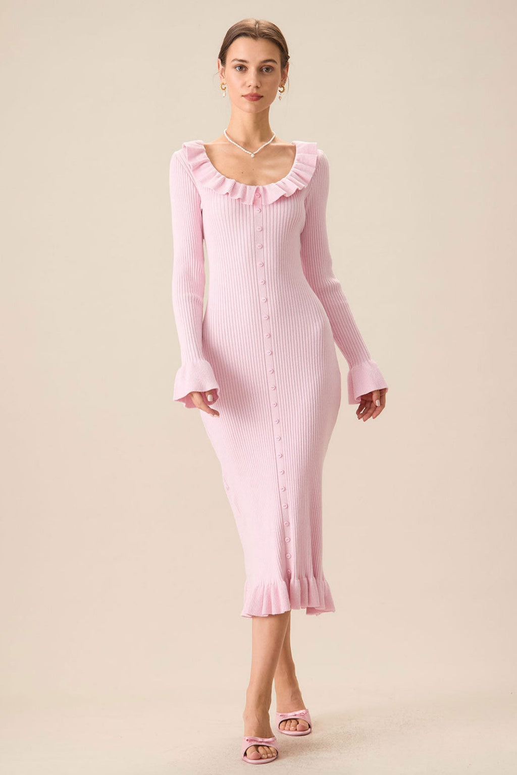 U-Neck Knit Ruffle Midi