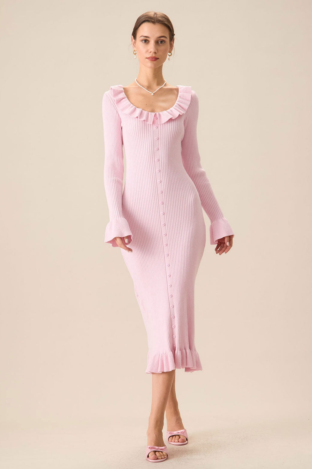 U-Neck Knit Ruffle Midi