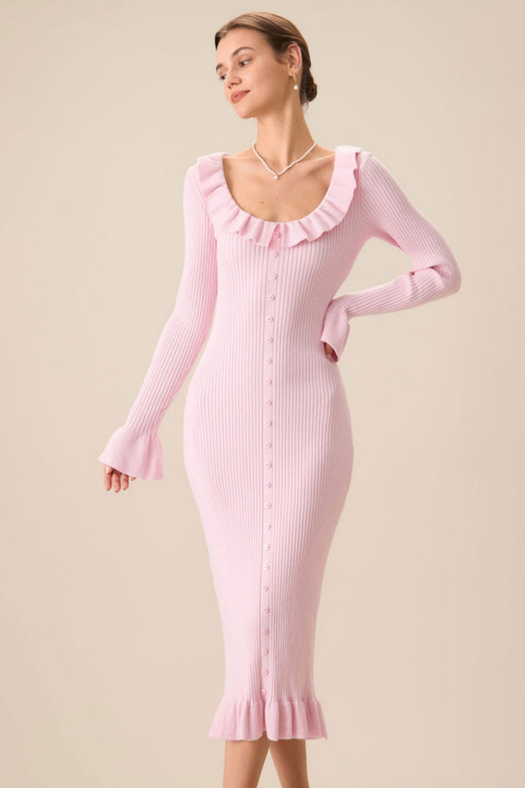 U-Neck Knit Ruffle Midi