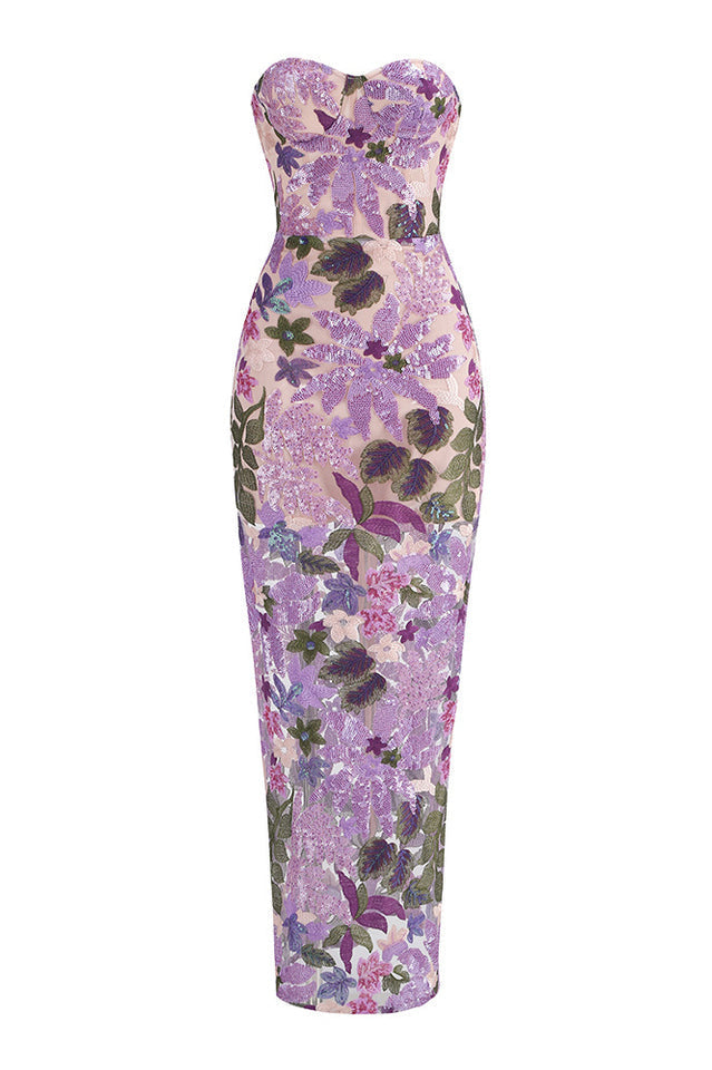Strapless Floral Sequin Maxi
