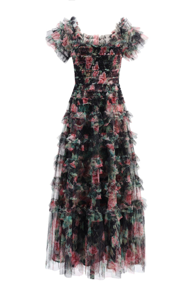 Square Neck Ruched Floral Maxi