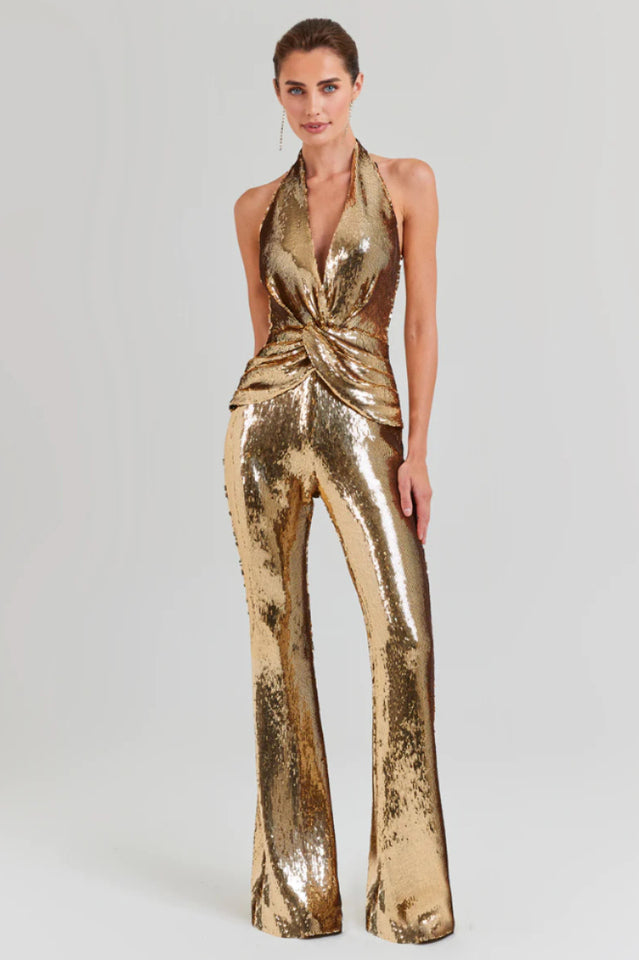 Halterneck Sequin Draped Gold Jumpsuit