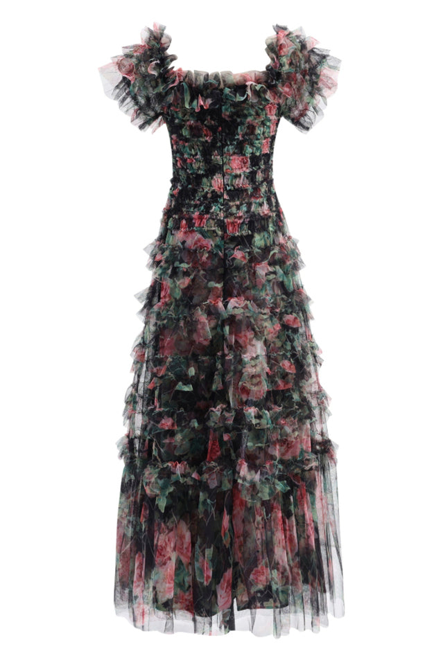 Square Neck Ruched Floral Maxi