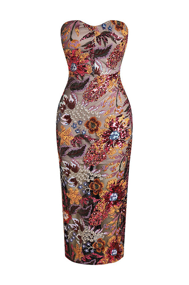 Strapless Floral Sequin Maxi