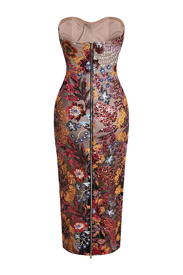 Strapless Floral Sequin Maxi