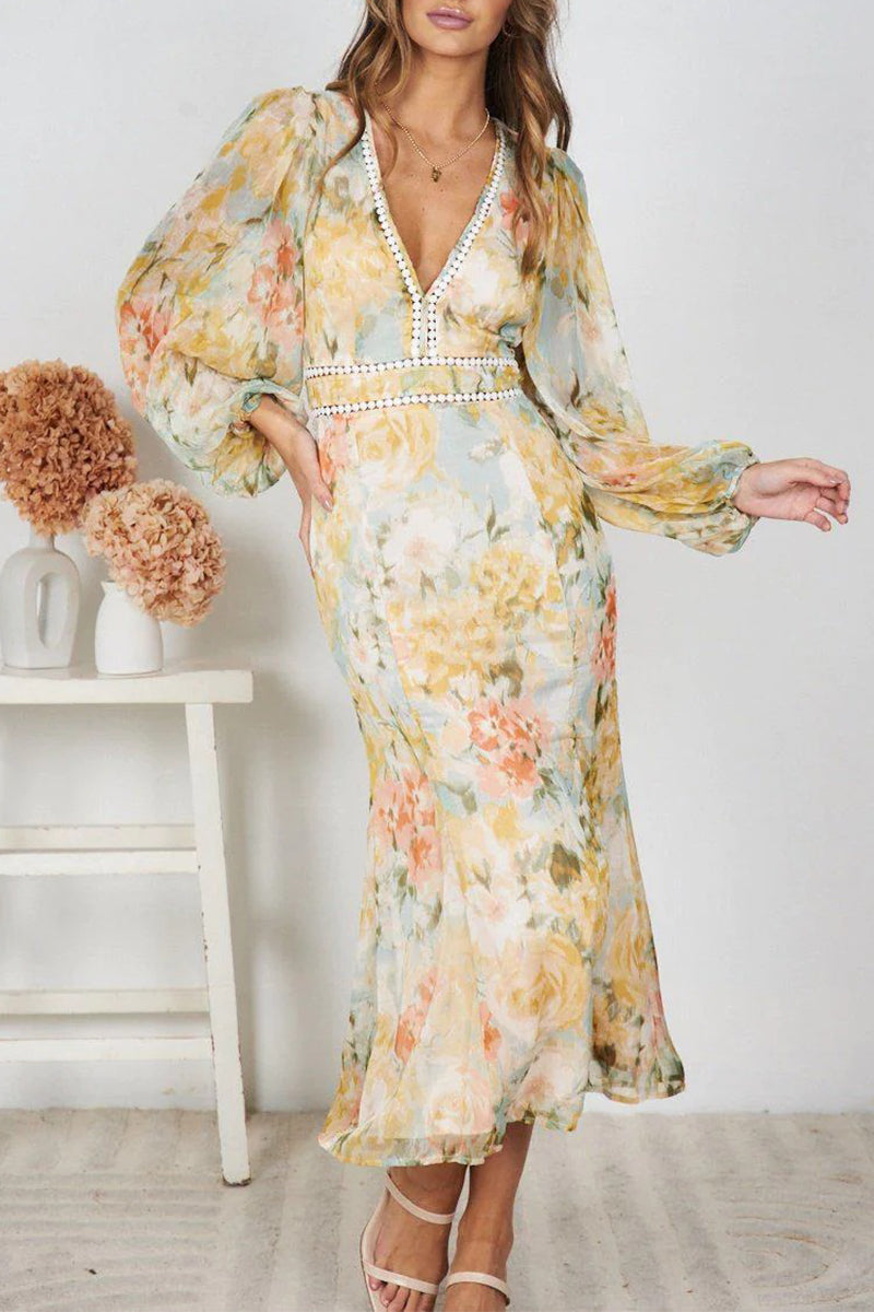 Chiffon Patchwork V-Neck Maxi