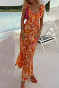 Lace-Up V-Neck Floral Maxi