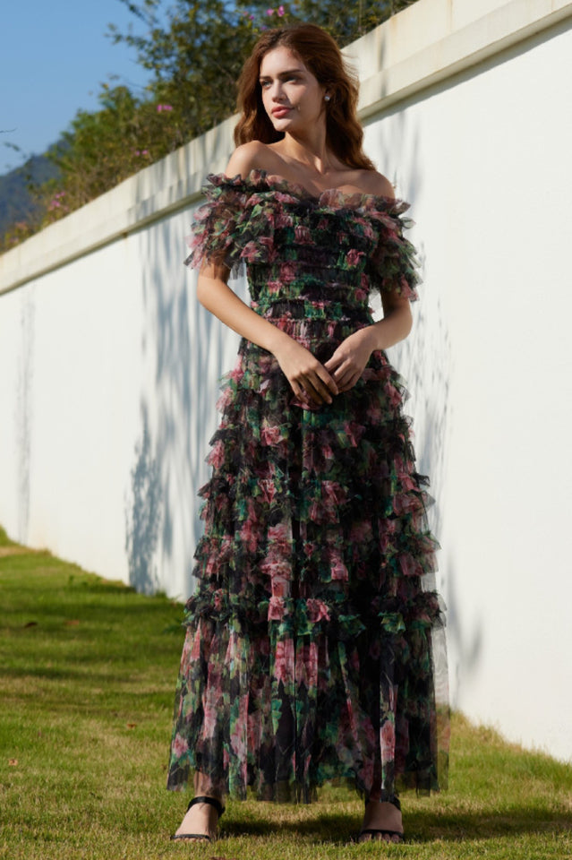 Square Neck Ruched Floral Maxi