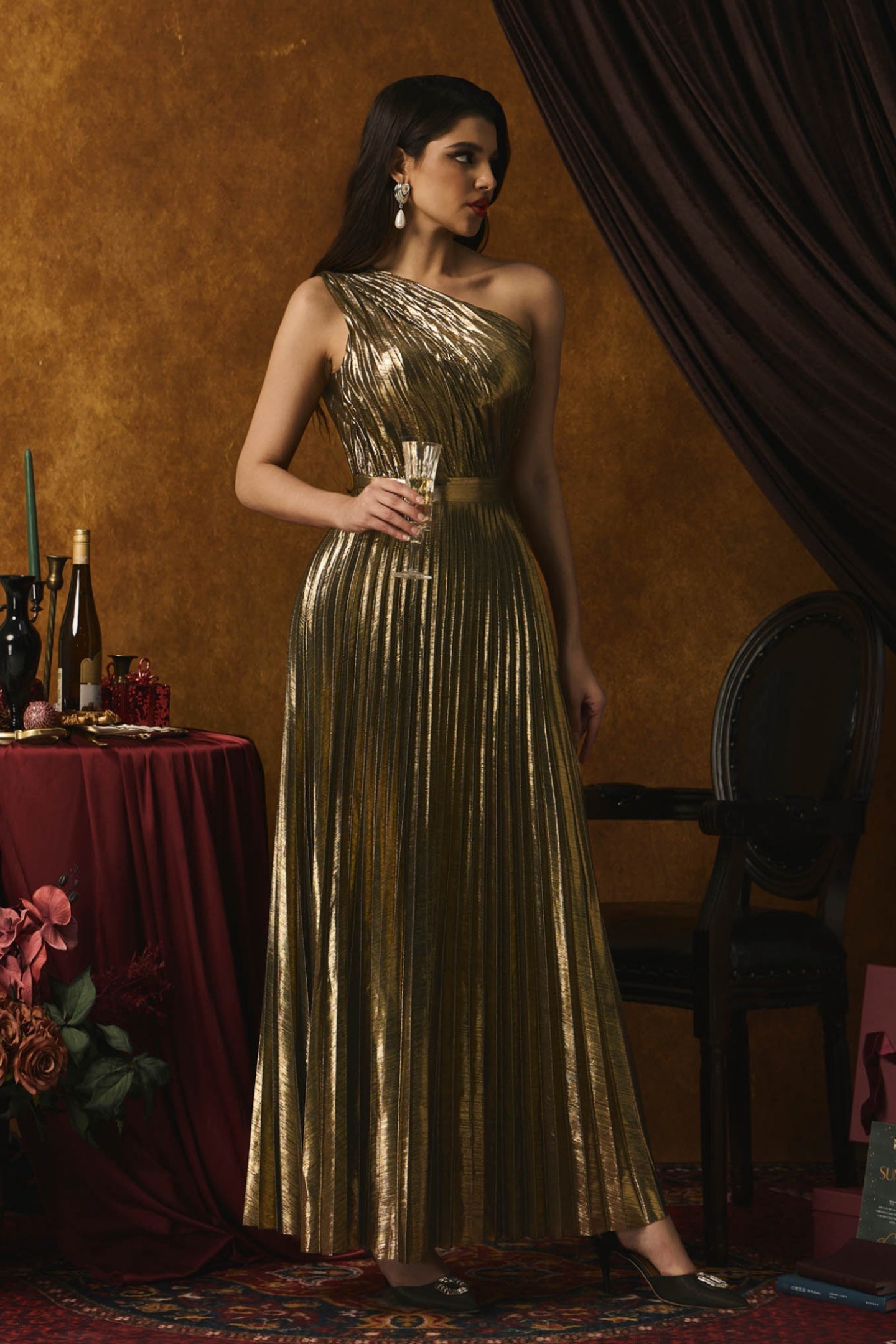 One-Shoulder Pleated Metallic Maxi