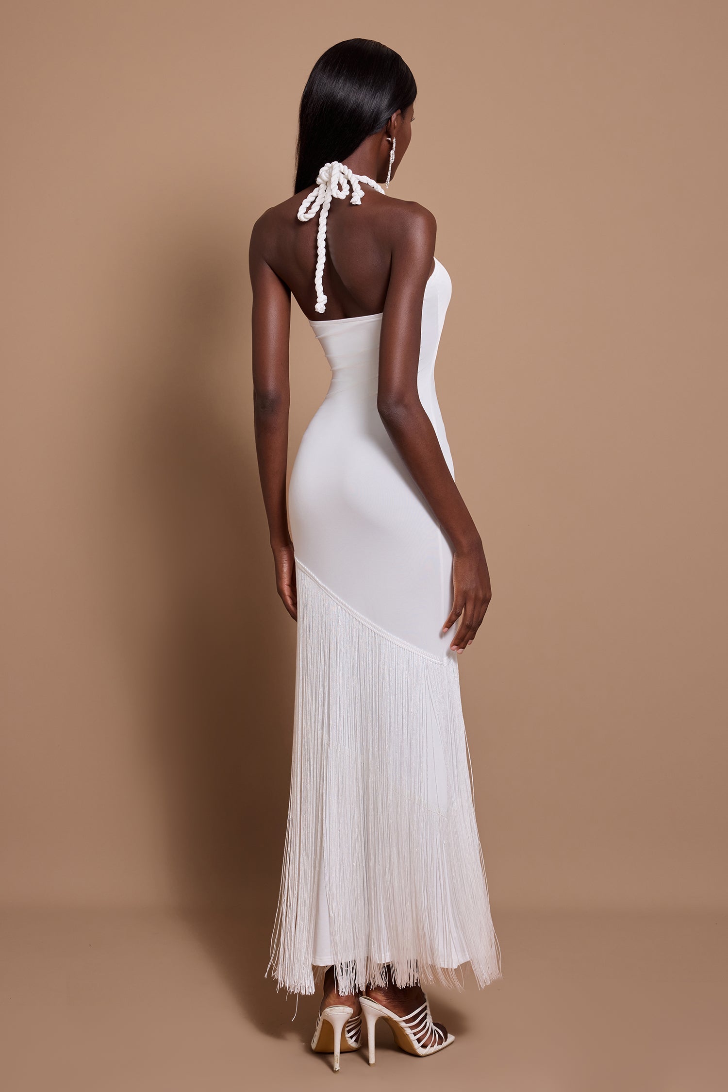 White Halter Cutout Tassel Maxi Dress