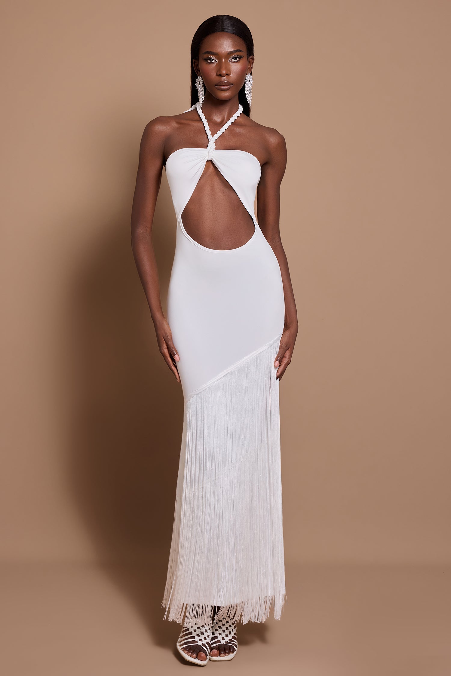White Halter Cutout Tassel Maxi Dress