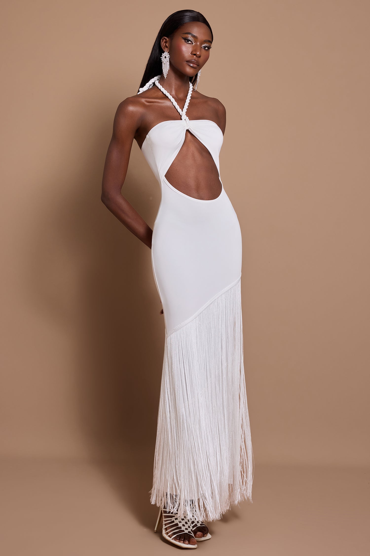 White Halter Cutout Tassel Maxi Dress