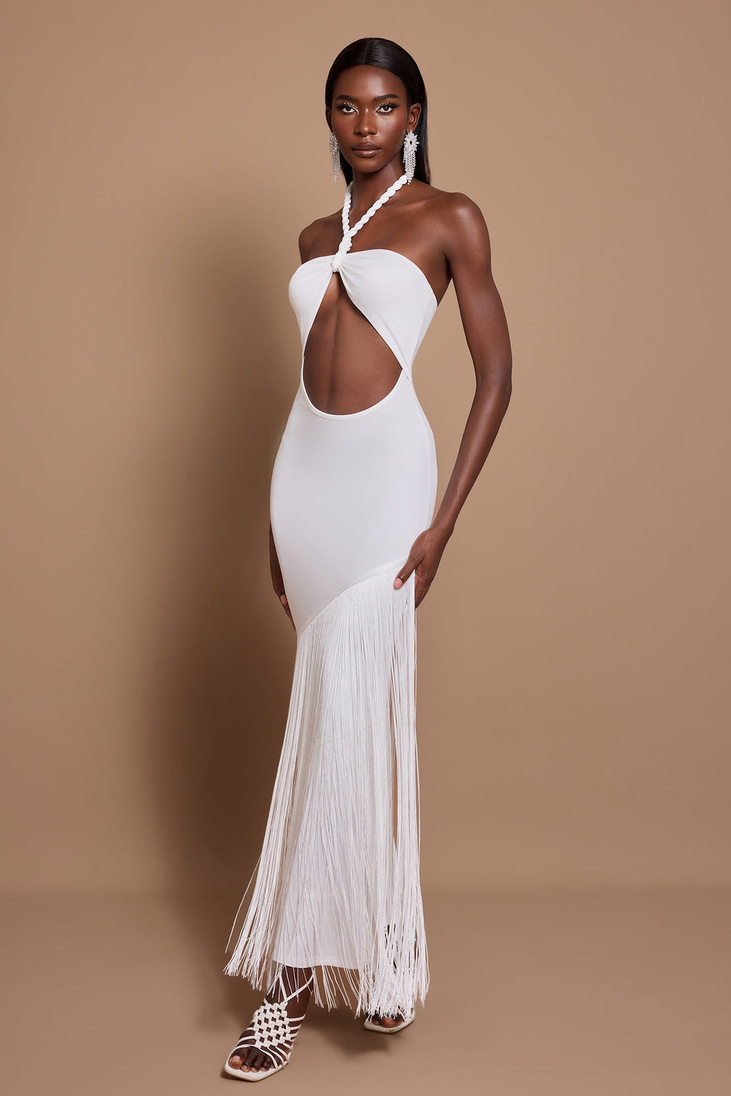 White Halter Cutout Tassel Maxi Dress