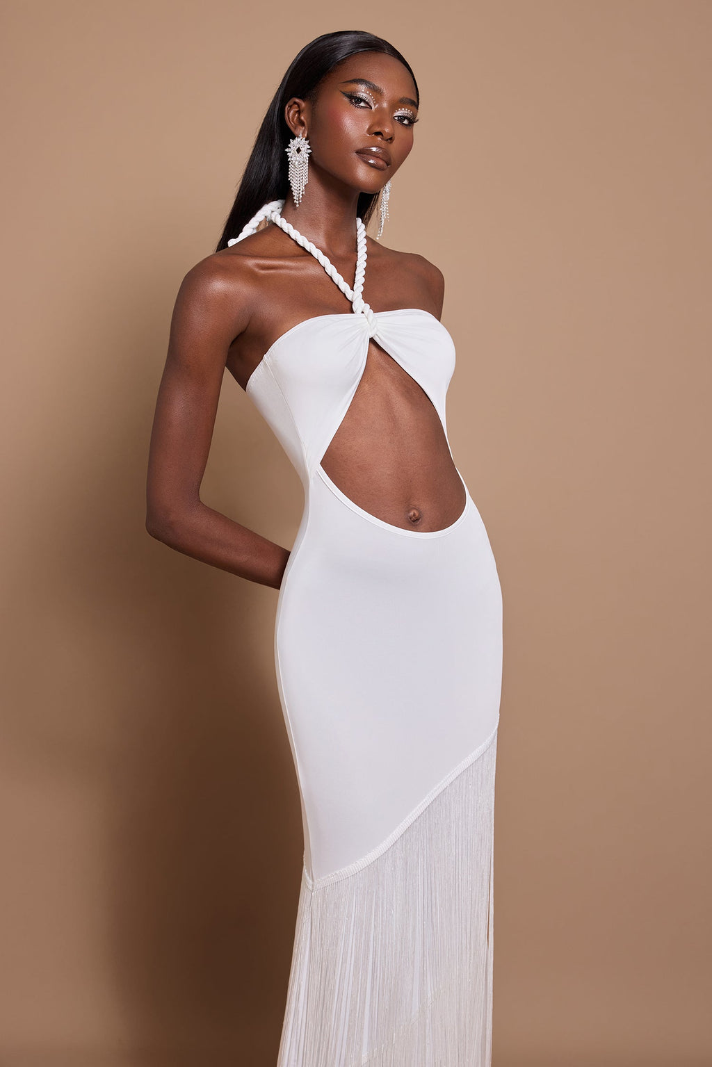 White Halter Cutout Tassel Maxi Dress