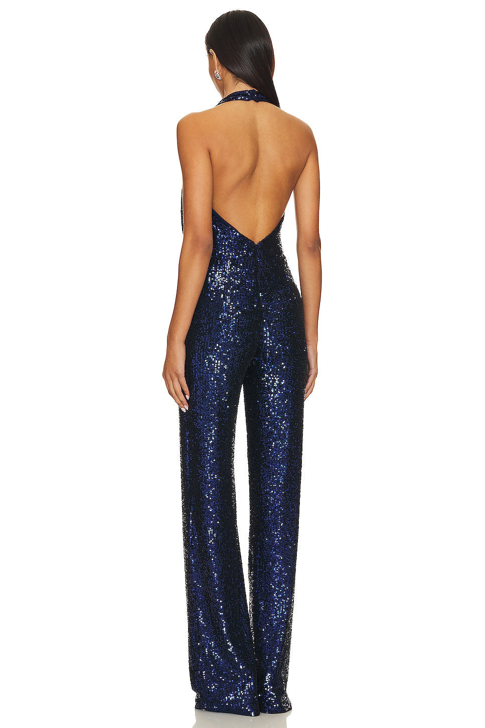 Dark Blue Sequin High Waist Halter Backless Jumpsuit