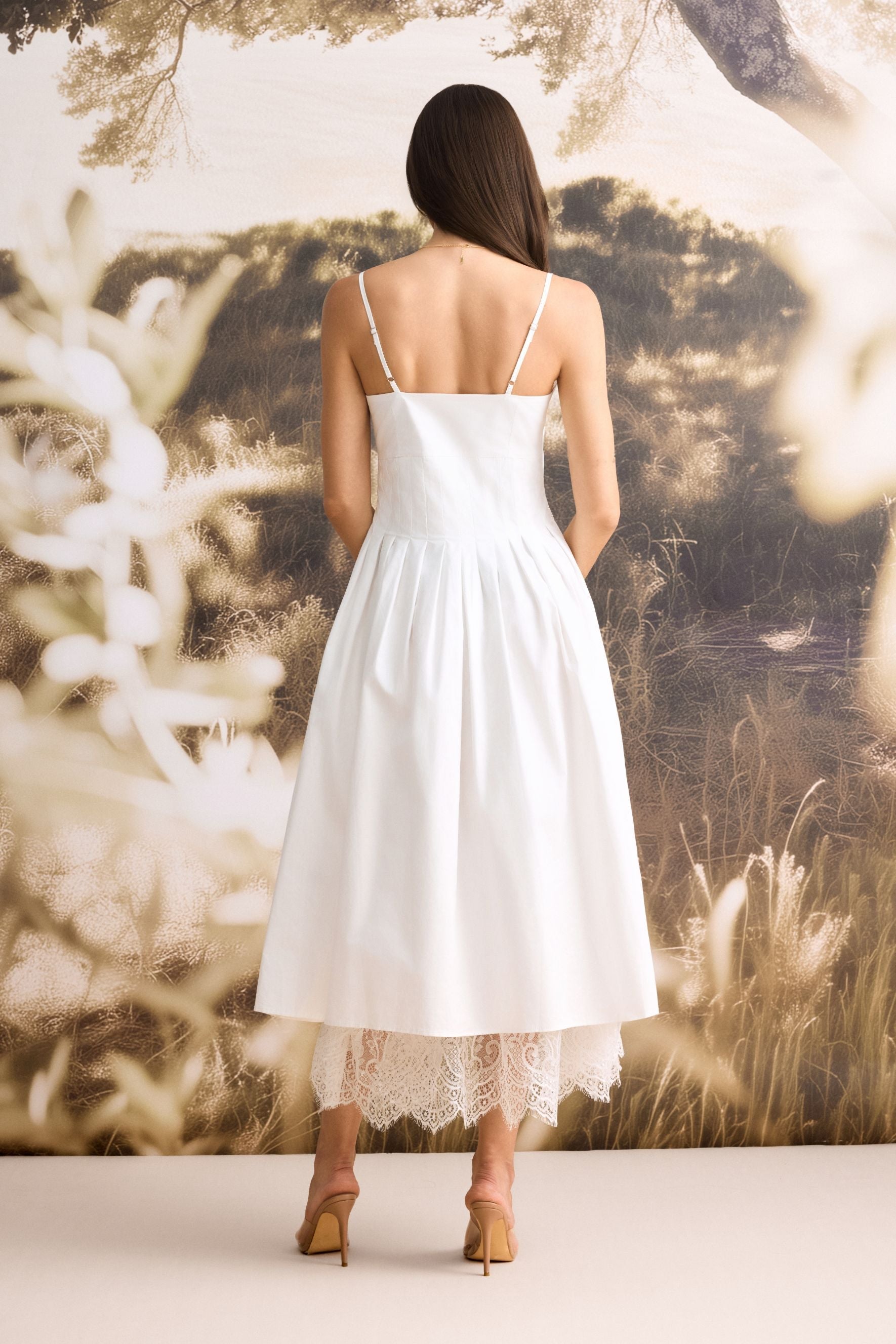 Spaghetti Strap V-Neck Pleat Midi