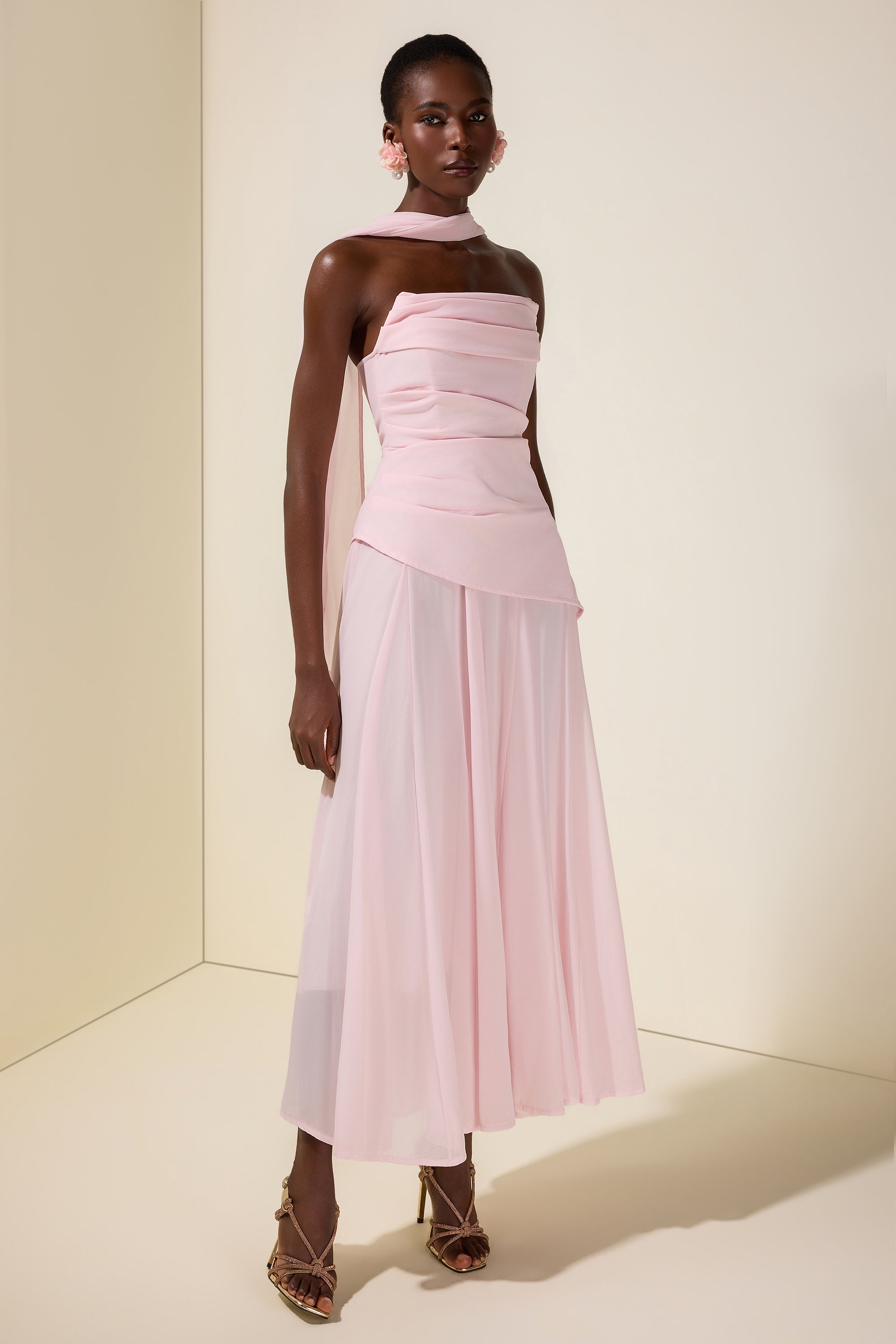 Solid Off-Shoulder Tie-Up Midi Dress