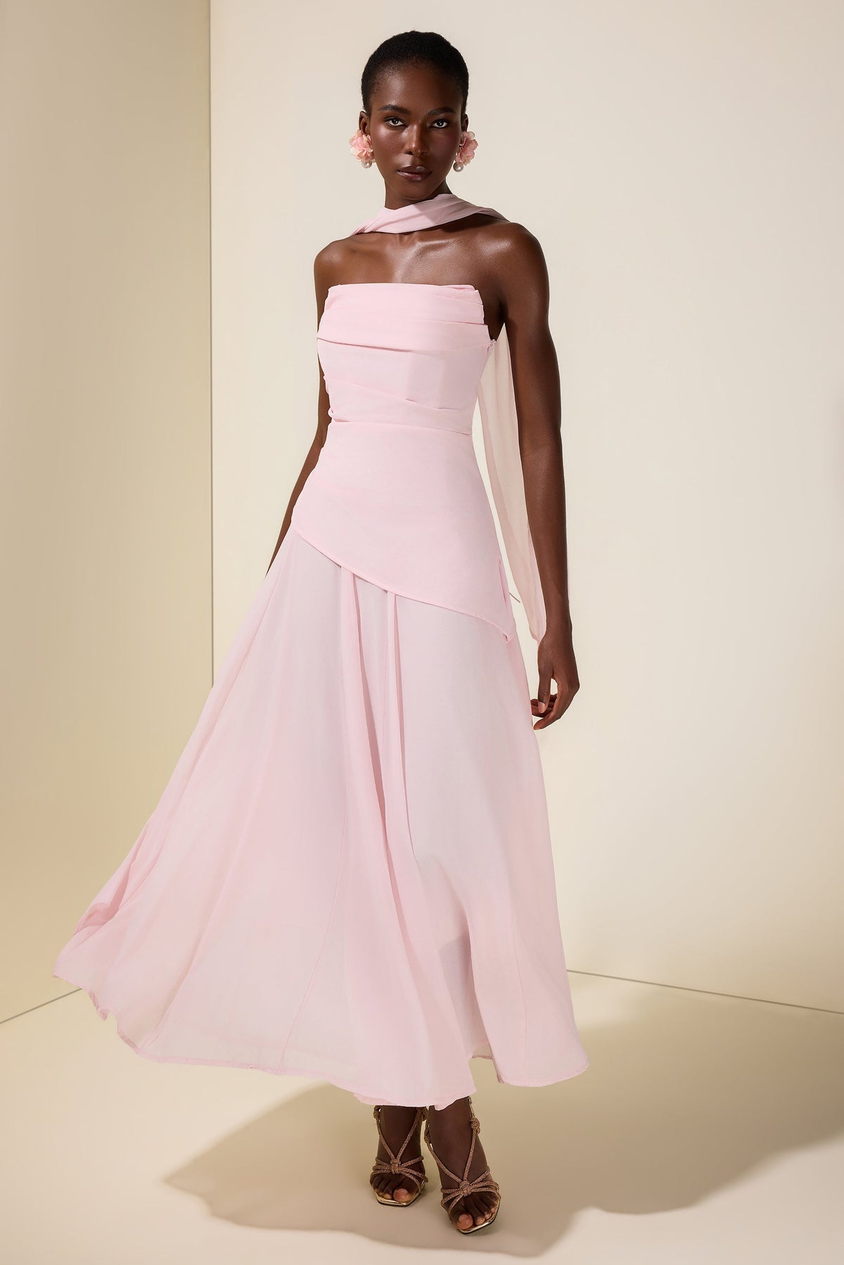 Solid Off-Shoulder Tie-Up Midi Dress
