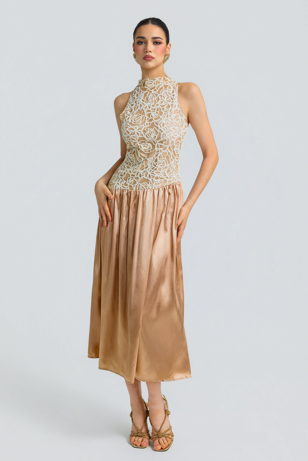 Beige Patchwork Sequin Midi
