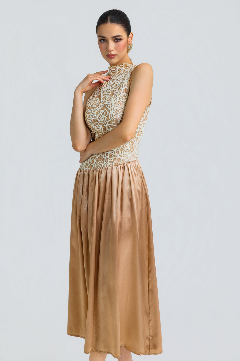 Beige Patchwork Sequin Midi