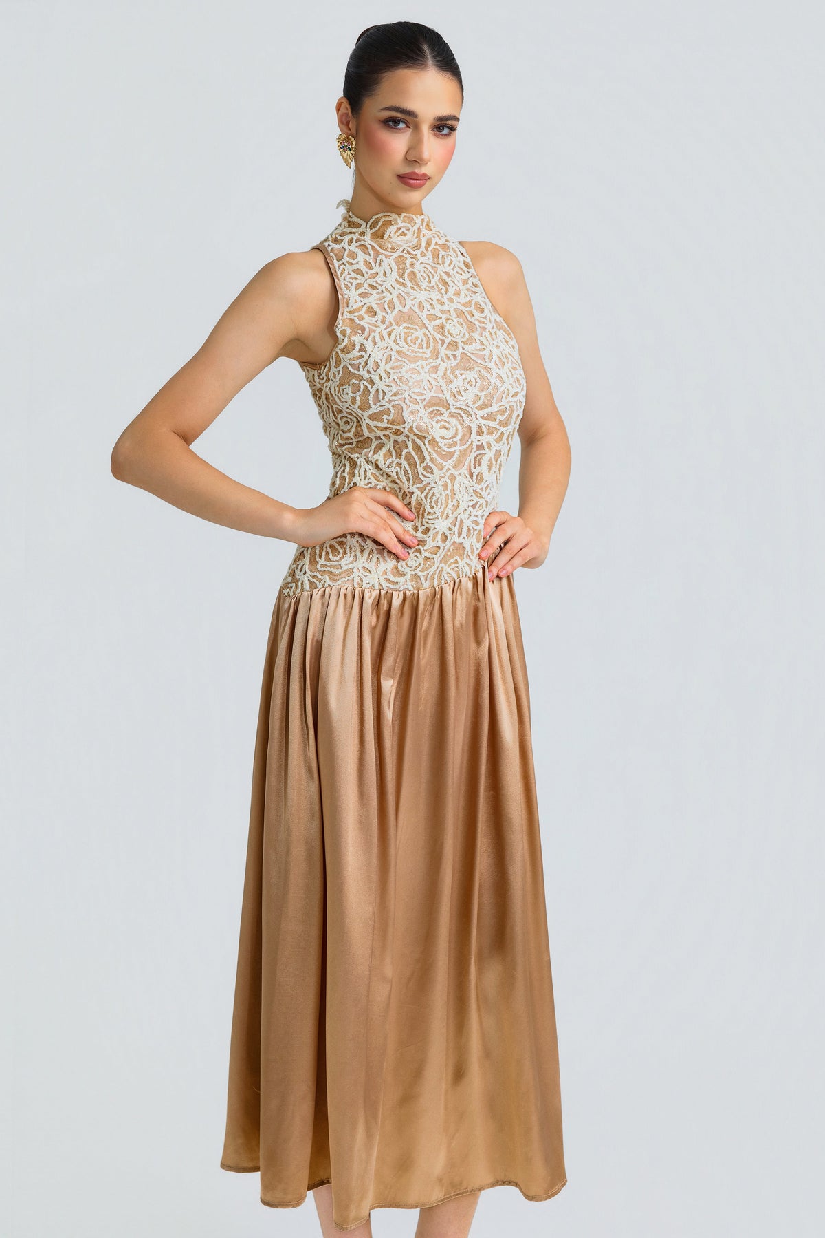 Beige Patchwork Sequin Midi
