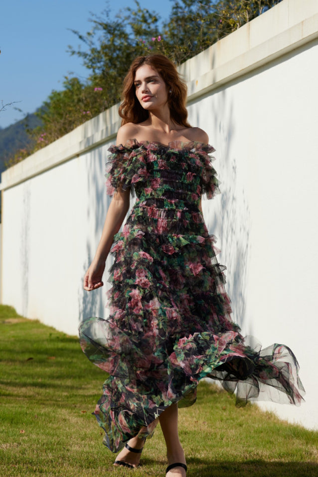 Square Neck Ruched Floral Maxi