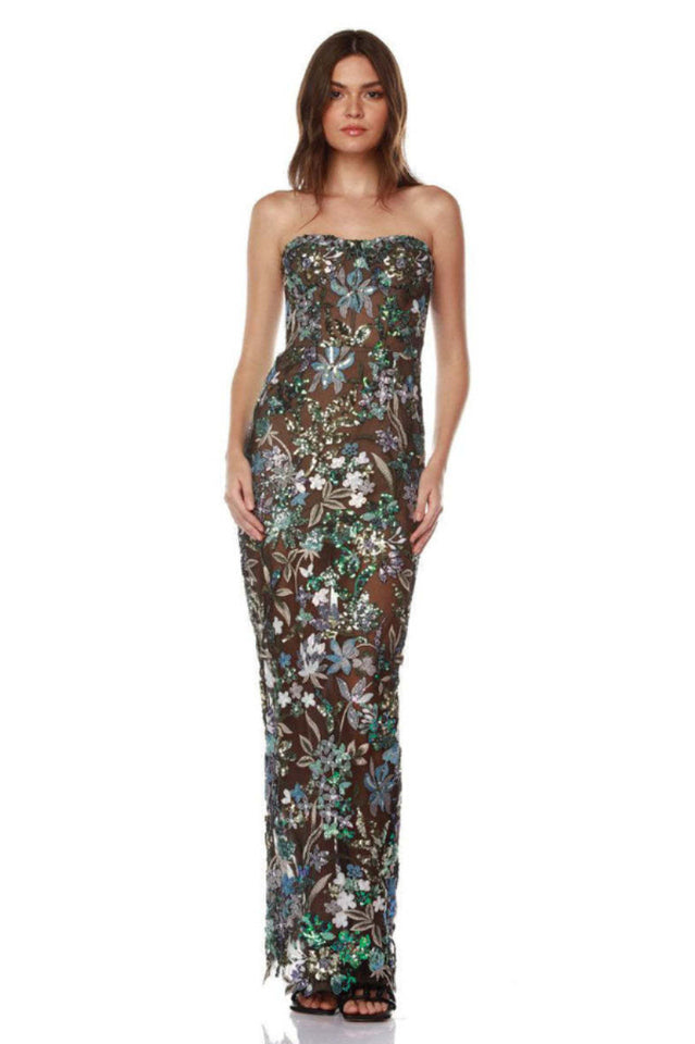 Strapless Floral Sequin Maxi