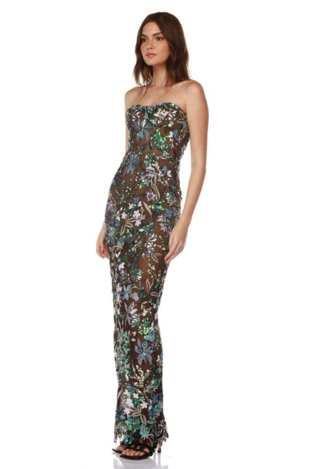 Strapless Floral Sequin Maxi