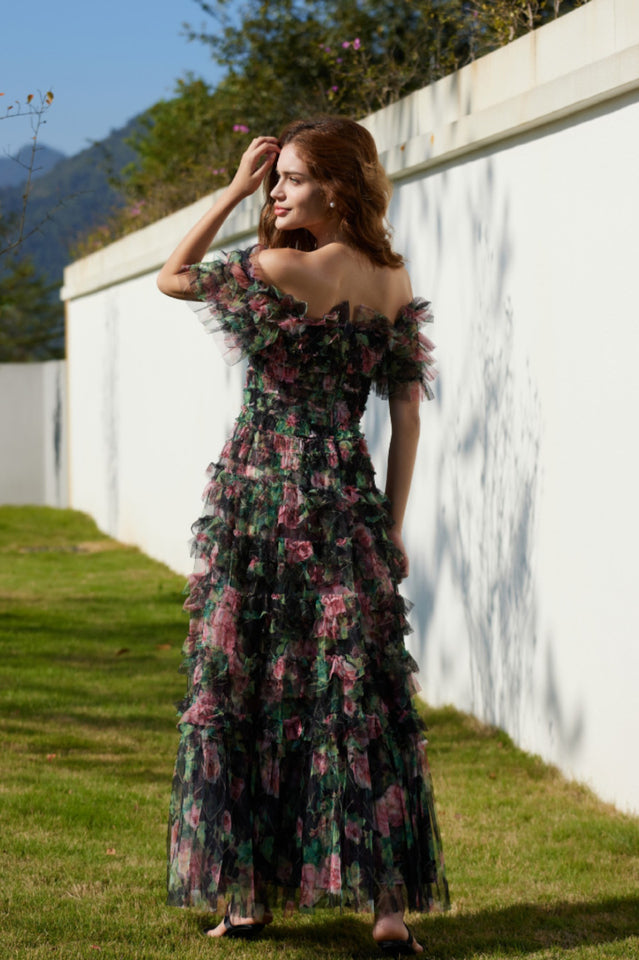 Square Neck Ruched Floral Maxi