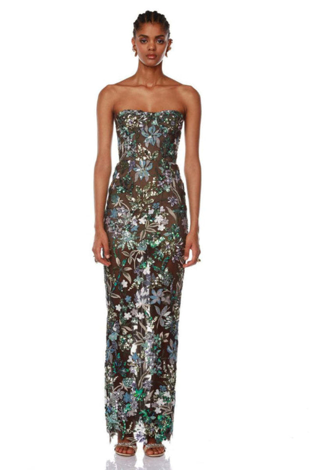 Strapless Floral Sequin Maxi