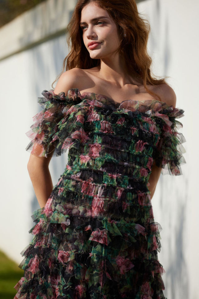 Square Neck Ruched Floral Maxi